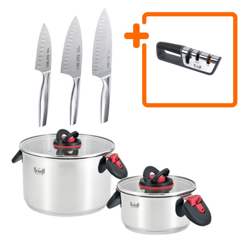 Набор из 2 кастрюль Prime Chef 6,1л и 1,9л со стеклянными крышками и набор ножей 3 предмета Krauff + ПОДАРКИ 66-444-578 фото