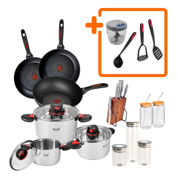 Набір каструль Prime Chef, сковорід 28см, WOK 28см та млинцевої 24см,ножів, склянок і контейнерів для зберігання Krauff + ПОДАРУНКИ 66-444-649 фото