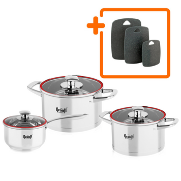 Набор кастрюль Prime Chef 3,7л, 2л и ковш 1,2л со стеклянными крышками Krauff 66-444-480 фото